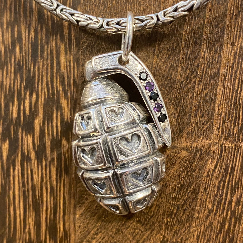 LOVE GRENADE Sterling Silver Pendant w/ Amethyst & Black Spinel LOVE GRENADE Sterling Silver Pendant w/ Amethyst & Black Spinel
