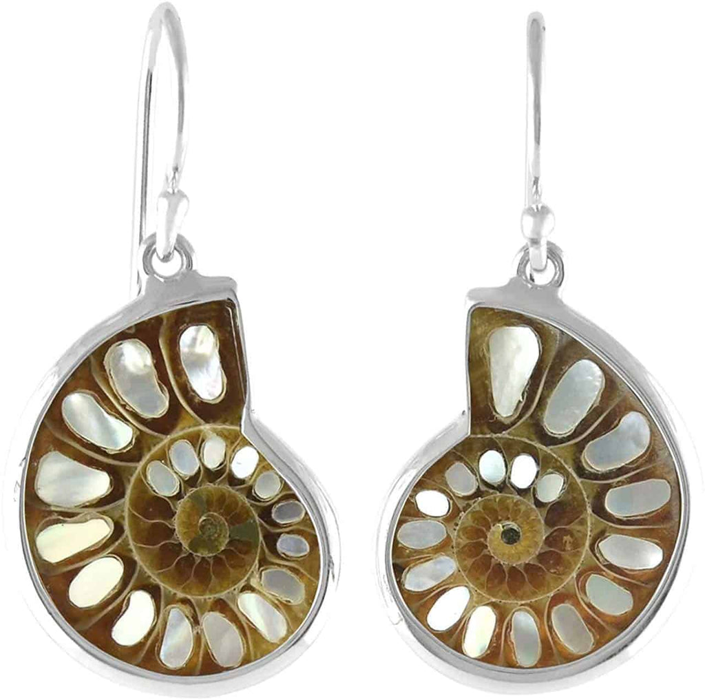 Ammonite Earrings w/ Mother of Pearl Inlay in Sterling Silver Ammonite Earrings w/ Mother of Pearl Inlay in Sterling Silver