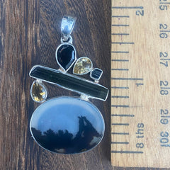 Dendritic Opal Pendant w/ Tourmaline, Citrine, & Smoky Quartz Dendritic Opal Pendant w/ Tourmaline, Citrine, & Smoky Quartz