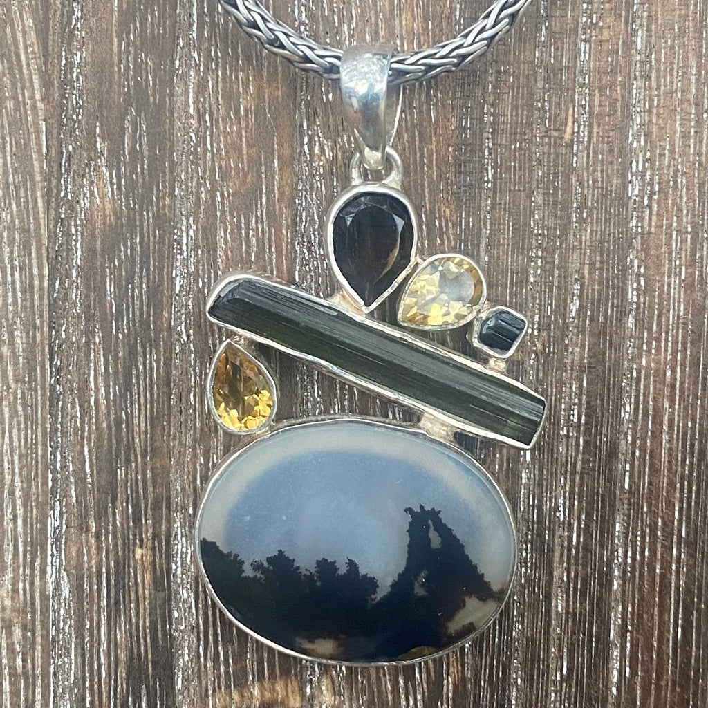 Dendritic Opal Pendant w/ Tourmaline, Citrine, & Smoky Quartz Dendritic Opal Pendant w/ Tourmaline, Citrine, & Smoky Quartz