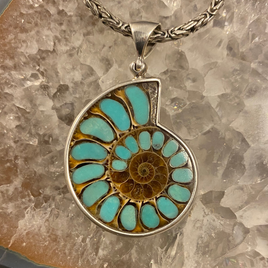 Ammonite Pendant with Turquoise Inlay