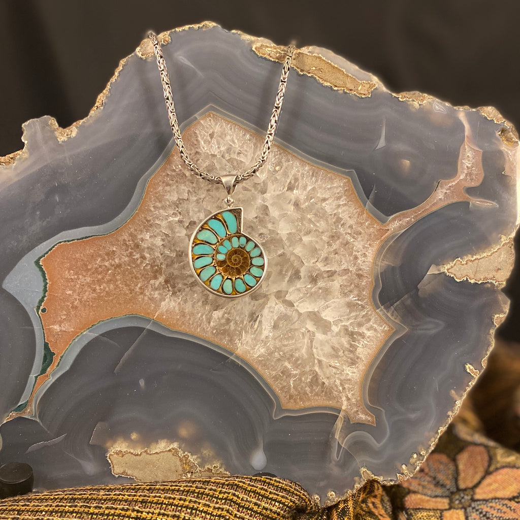 Ammonite Pendant with Turquoise Inlay