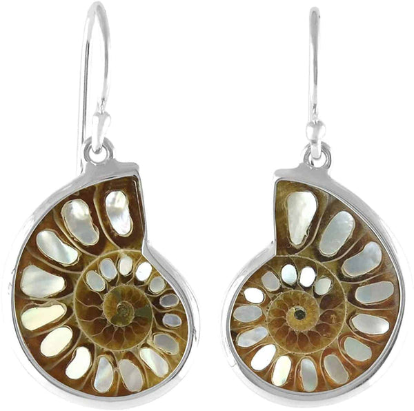 Ammonite Earrings w/ Mother of Pearl Inlay in Sterling Silver