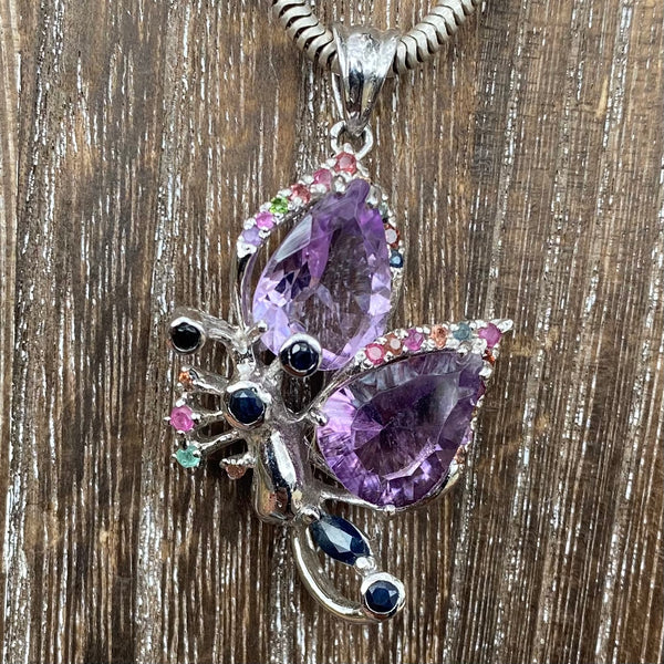 Amethyst Butterfly Pendant w/ Ruby, Sapphire & Emerald Accents